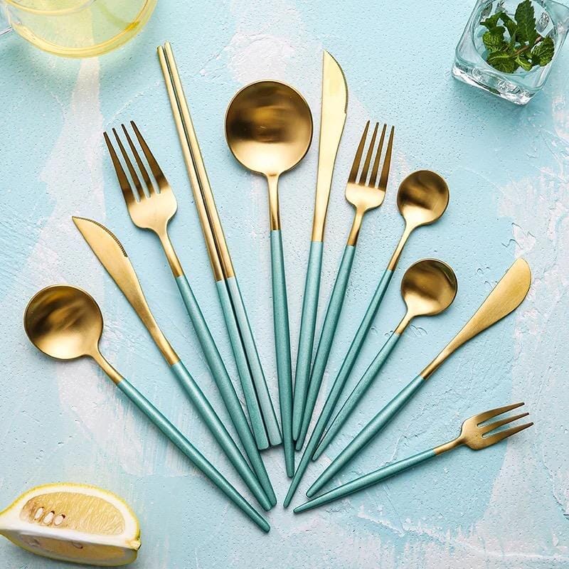 Mint Green + Gold Cutlery Set - Tabby Lighting