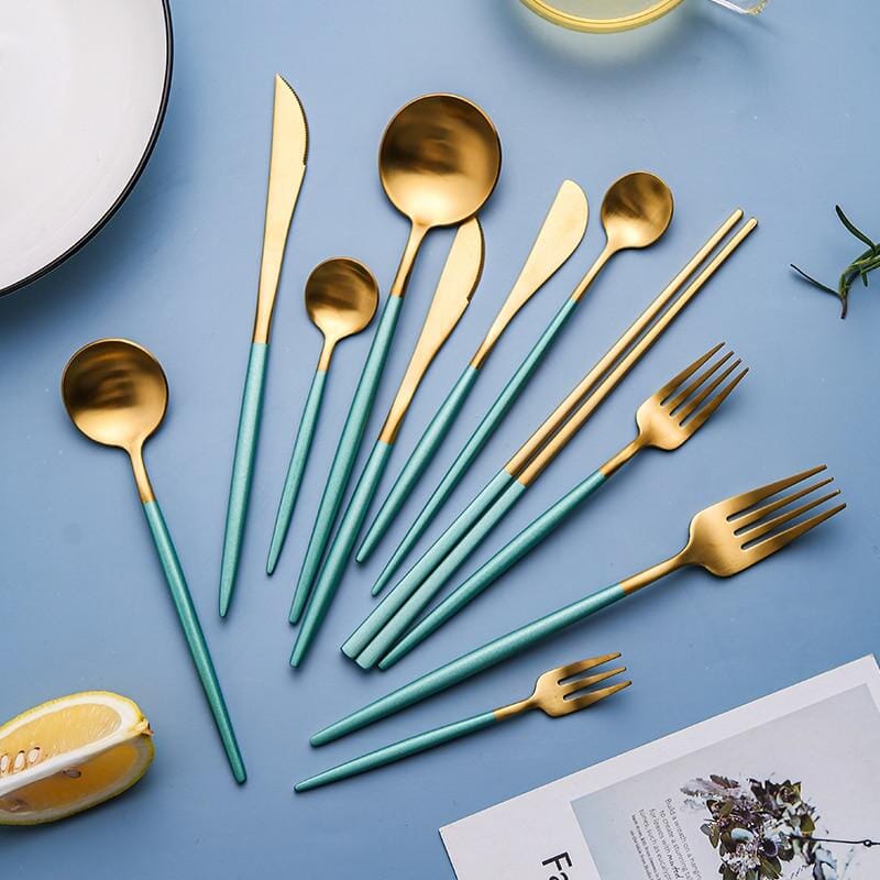 Mint Green + Gold Cutlery Set - Tabby Lighting
